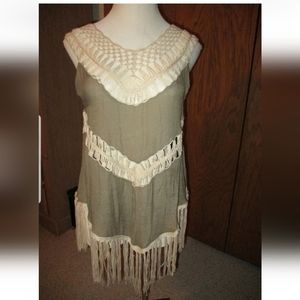 UMGEE Taupe Cream Fringe Lace Gypsy Hippie Bold Unique Flowy Flare Tank Top M